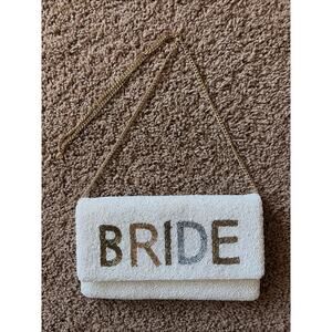 Unbranded BRIDE White Metallic Seed Bead Bridal Clutch Purse‎ Crossbody Chain